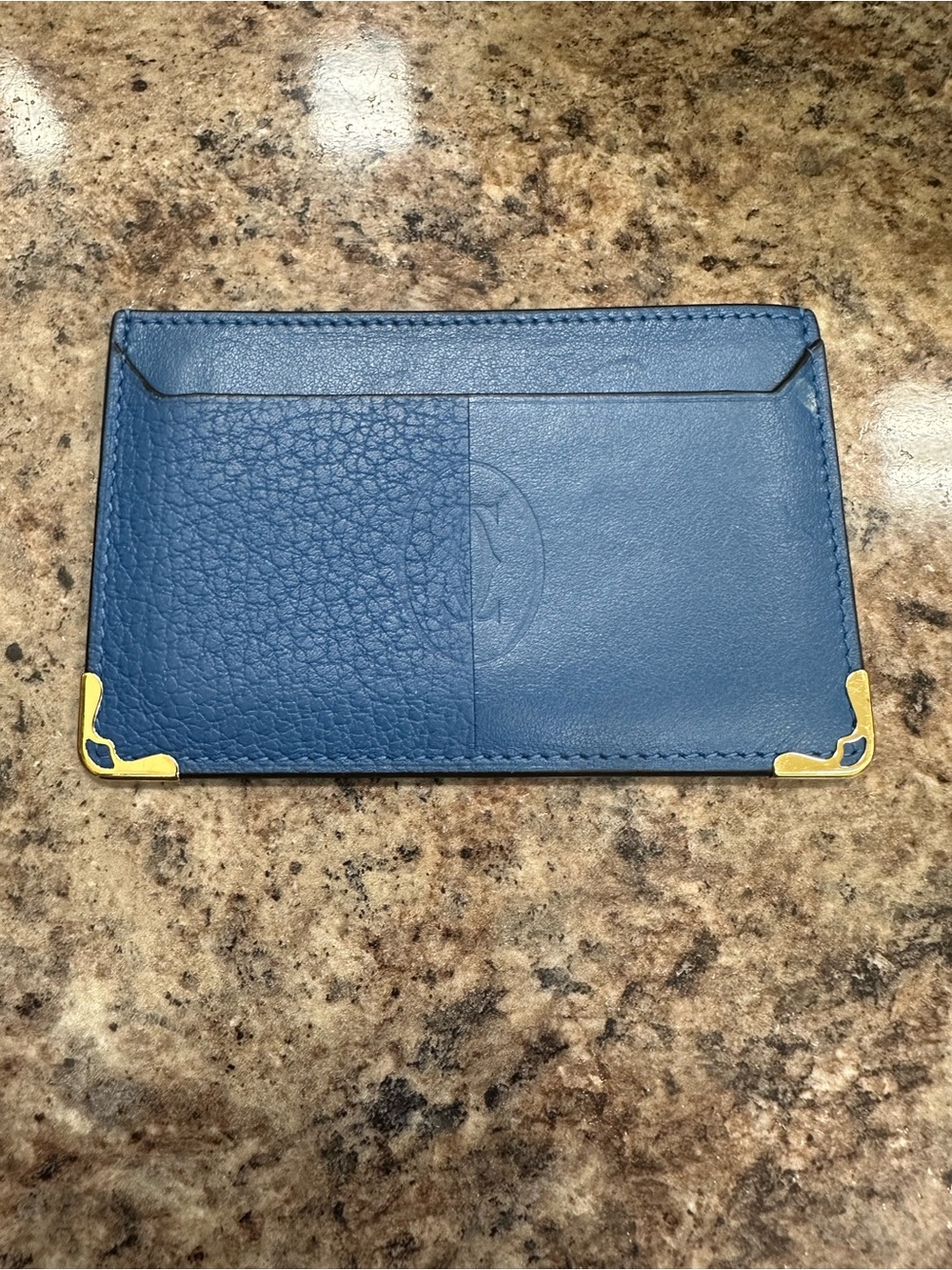 Cartier Blue Leather Card Sleeve with Gold Corner Accents